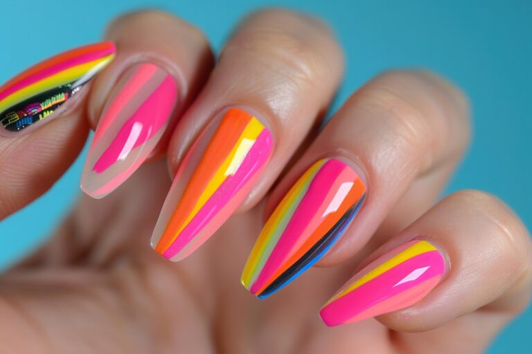 Main avec des ongles colorés avec des rayures vives